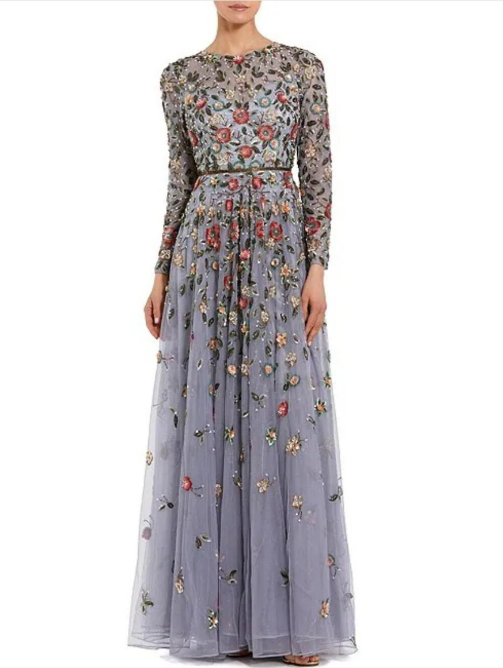 NWT Mac DuggalFloral Beaded Crew Neck Long Sleeve Pleated Chiffon Gown